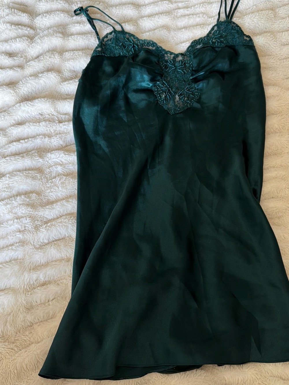 Victoria's Secret Deep Emerald Satin Slip Dress with Lace